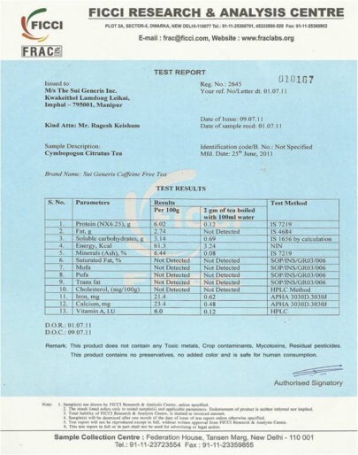 FICCI Test Report issued to Caffeine Free Tea, CC Tea