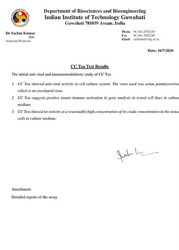 CC Tea Test Results,  Anti-viral & immunomodulatory study